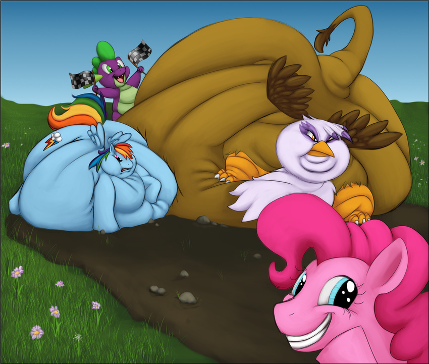 blue_fur breaking_the_fourth_wall chequered_flag cutie_mark dragon equine fat female feral flag friendship_is_magic fur gilda_(mlp) grin gryphon hair horse hutt_racing male mammal morbidly_obese multi-colored_hair my_little_pony overweight pegasus pink_fur pinkie_pie_(mlp) pony prank race rainbow_dash_(mlp) rainbow_hair samael scalie smile spike_(mlp) unknown_artist wings