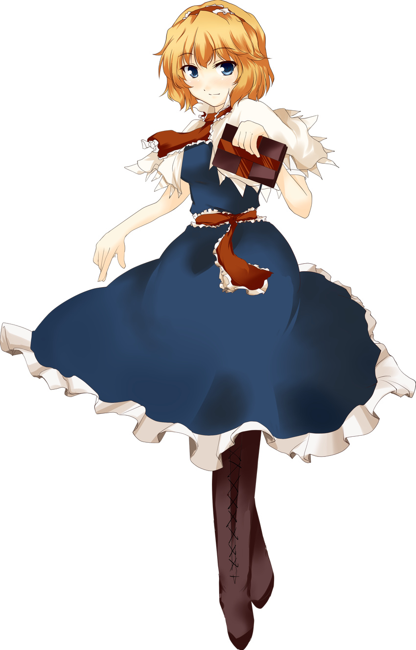 absurdres alice_margatroid bad_id bad_pixiv_id beegle blonde_hair blue_dress blue_eyes book boots capelet dress hairband highres short_hair solo touhou white_capelet