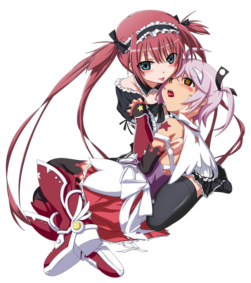 airi_(queen's_blade) black_legwear boots cute_(queen's_blade) dress frills green_eyes hairband highres kneeling long_hair maid multicolored multicolored_eyes multiple_girls open_mouth purple_hair queen's_blade queen's_blade_spiral_chaos red_eyes red_hair saliva saliva_trail shirosame short_hair side_ponytail smile star star-shaped_pupils symbol-shaped_pupils tattoo thighhighs tongue twintails yellow_eyes yuri