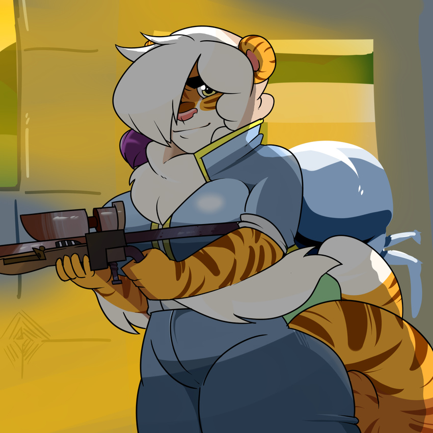 anthro clothed clothing feline female gun jakkmau5art looking_at_viewer mammal ranged_weapon slightly_chubby solo standing thick_thighs tiger weapon