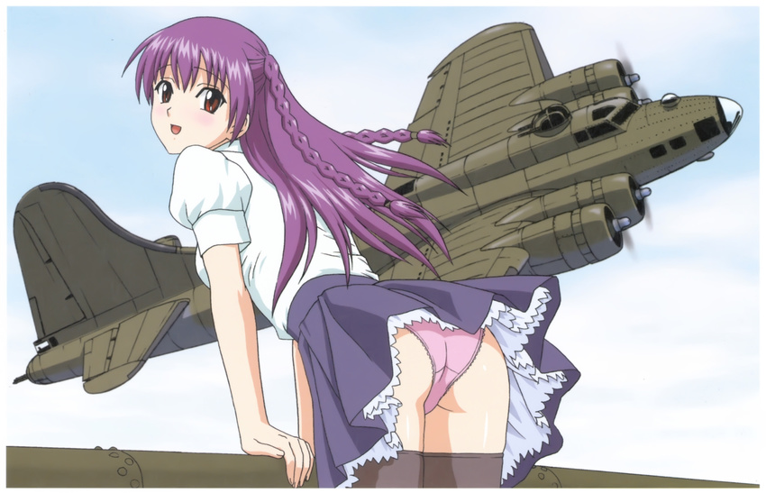 aircraft airplane ass b-17_flying_fortress black_legwear blue_skirt blush braid cloud cloudy_sky copyright_request crotch_seam day framed highres leaning long_hair looking_at_viewer looking_back open_mouth panties petticoat pink_panties purple_hair shirt skindentation skirt sky smile solo thighhighs twin_braids underwear white_shirt yamauchi_noriyasu