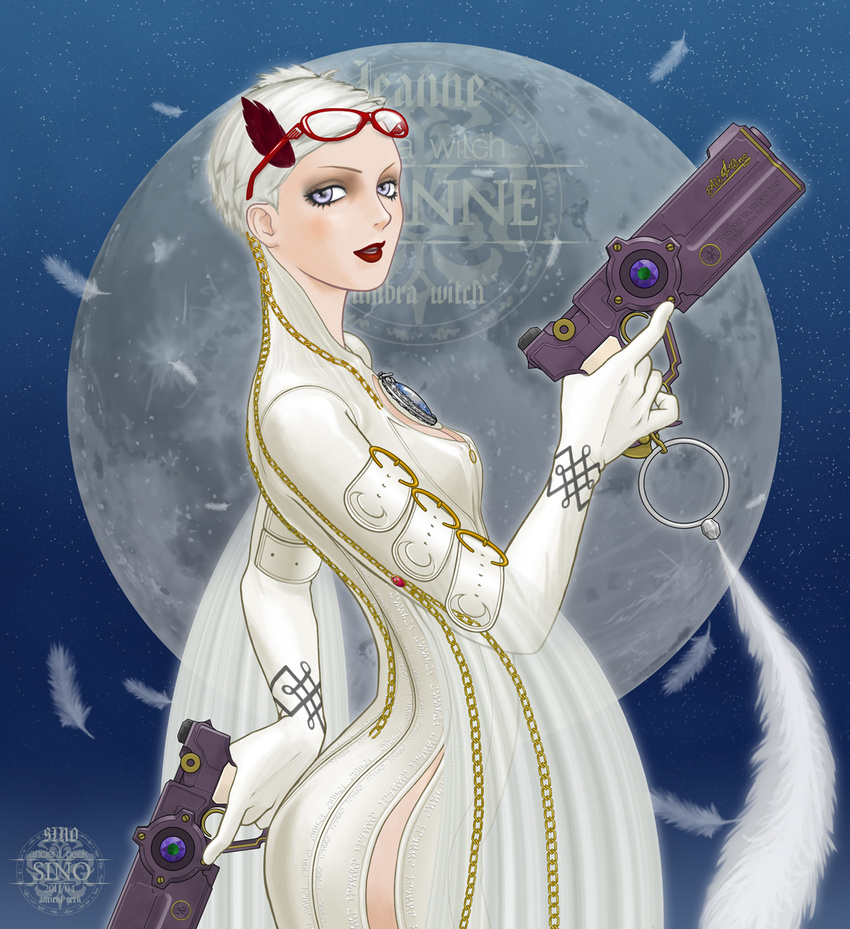 bayonetta blue_eyes cleavage_cutout feather feathers female full_moon glasses gradient gradient_background gun highres jeanne_(bayonetta) lipstick long_hair makeup moon night outdoors short_hair sino sky solo very_long_hair weapon white_hair