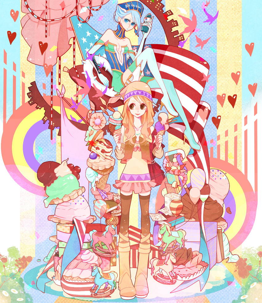 bad_id bad_pixiv_id balloon bare_shoulders blonde_hair blue_eyes blue_hair blue_rose_(tiger_&amp;_bunny) book boots breasts brown_eyes brown_legwear candy cleavage cookie dual_persona earrings elbow_gloves fingernails food gloves gun hat high_heels highres ice_cream jewelry karina_lyle lipstick makeup multiple_girls pepsi_nex product_placement rocking_horse shoes short_hair small_breasts sunaya sweets thigh_boots thighhighs tiger_&amp;_bunny vest weapon zettai_ryouiki