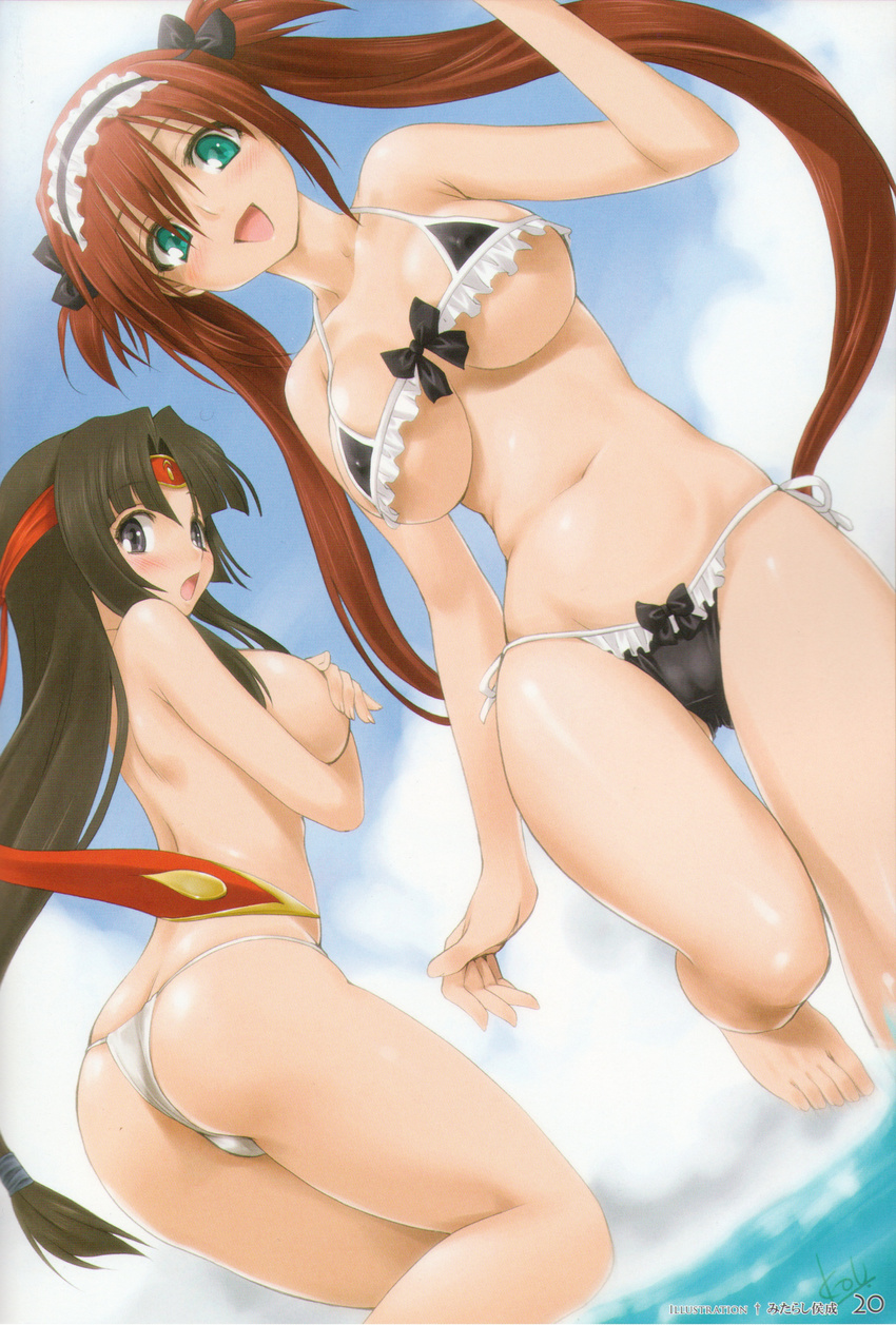 absurdres airi_(queen's_blade) ass back barefoot bikini black_eyes black_hair blush breasts cleavage covering covering_breasts crossed_arms day dutch_angle green_eyes headband highres large_breasts long_hair maid_bikini maid_headdress micro_bikini mitarashi_kousei multiple_girls open_mouth outdoors panties queen's_blade red_hair sideboob swimsuit thong thong_bikini tomoe twintails underboob underwear water