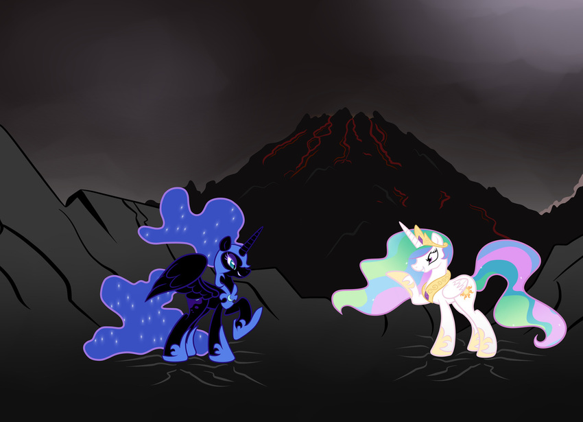 alicorn armor equine female friendship_is_magic horse mount_doom my_little_pony pegacorn pony princess_celestia_(mlp) princess_luna_(mlp) smitty_g volcano