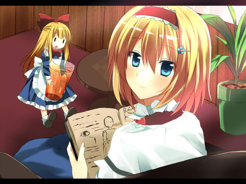 alice_margatroid bad_id bad_pixiv_id blonde_hair blue_hair blush book fujishiro_emyu glass highres indoors light_smile long_hair looking_at_viewer looking_back pot shanghai_doll short_hair sitting solo touhou