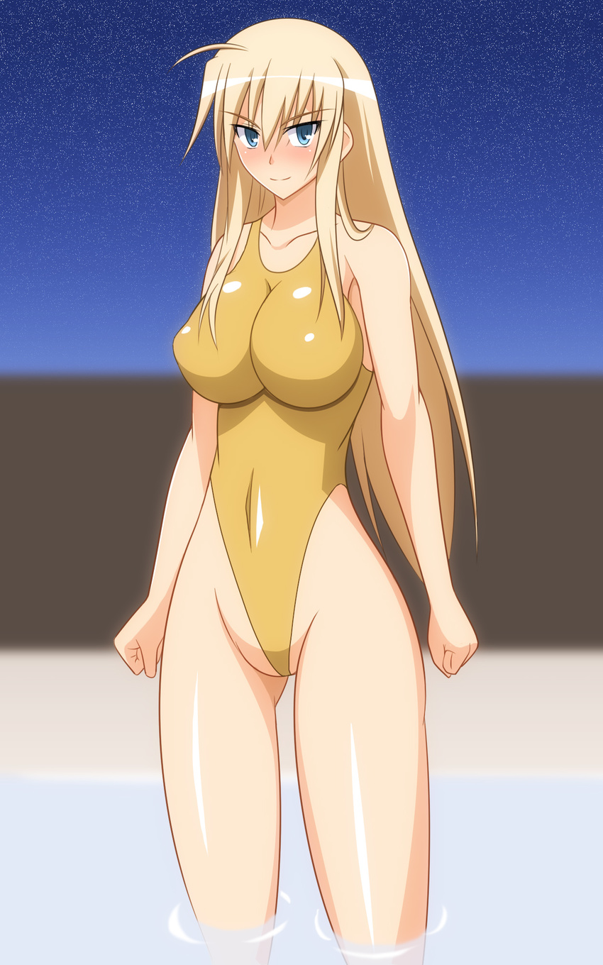 blonde_hair blush breasts genzaburoh green_eyes hanna-justina_marseille highres large_breasts long_hair one-piece_swimsuit strike_witches swimsuit