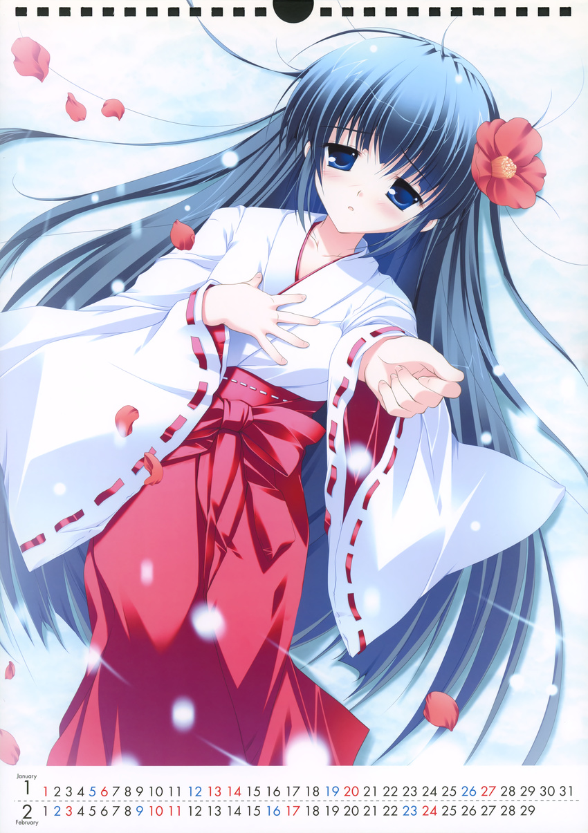 absurdres blue_eyes blue_hair bow calendar_(medium) character_request copyright_request february flower from_above hair_flower hair_ornament highres huge_filesize january japanese_clothes long_hair lying mikeou miko outstretched_hand petals ribbon solo very_long_hair
