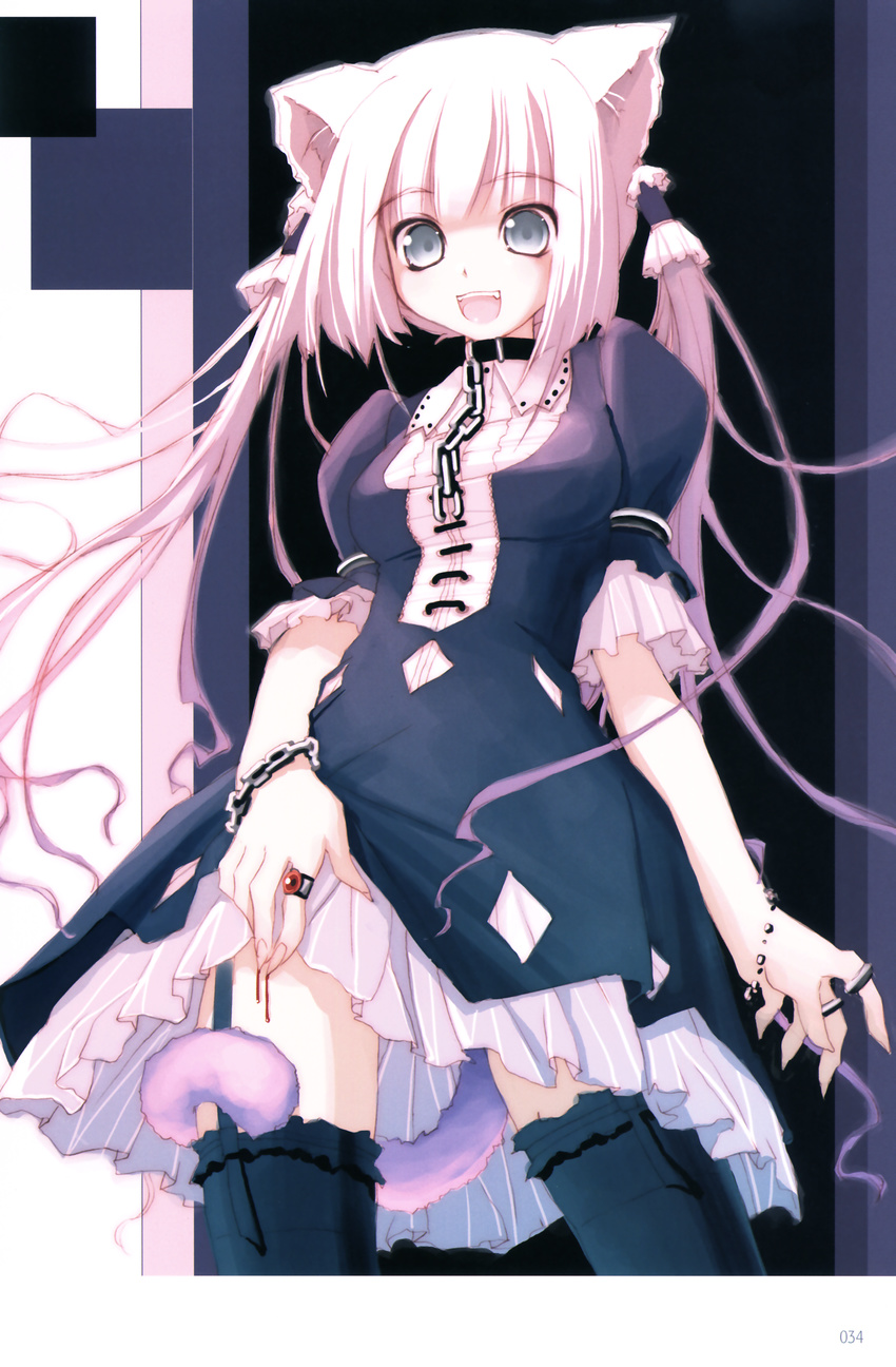 :d absurdres akata_itsuki animal_ears aqua_eyes bdsm black_legwear blood bondage bound cat_ears cat_tail chain collar copyright_request dress garter_straps hair_tubes highres jewelry open_mouth pink_hair ring scratches skirt skirt_lift slave smile tail tail_wrap thighhighs