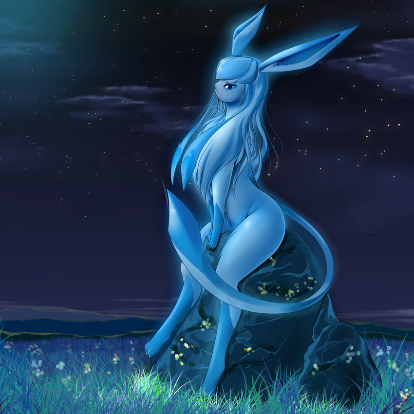 anthro blue blue_hair blue_theme cool_colors eeveelution female glaceon hair miharin nintendo paws pok&#233;mon pok&eacute;mon sitting solo tail video_games wide_hips