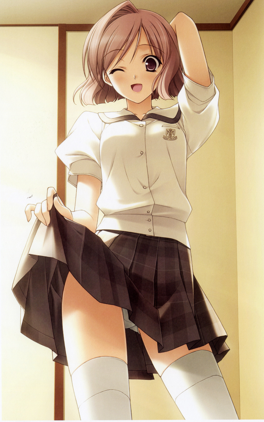 alternate_costume brown_eyes brown_hair brown_skirt highres looking_at_viewer nogisaka_motoka one_eye_closed open_mouth panties pleated_skirt school_uniform serafuku short_hair skirt solo suzuhira_hiro thighhighs underwear white_legwear white_panties yosuga_no_sora