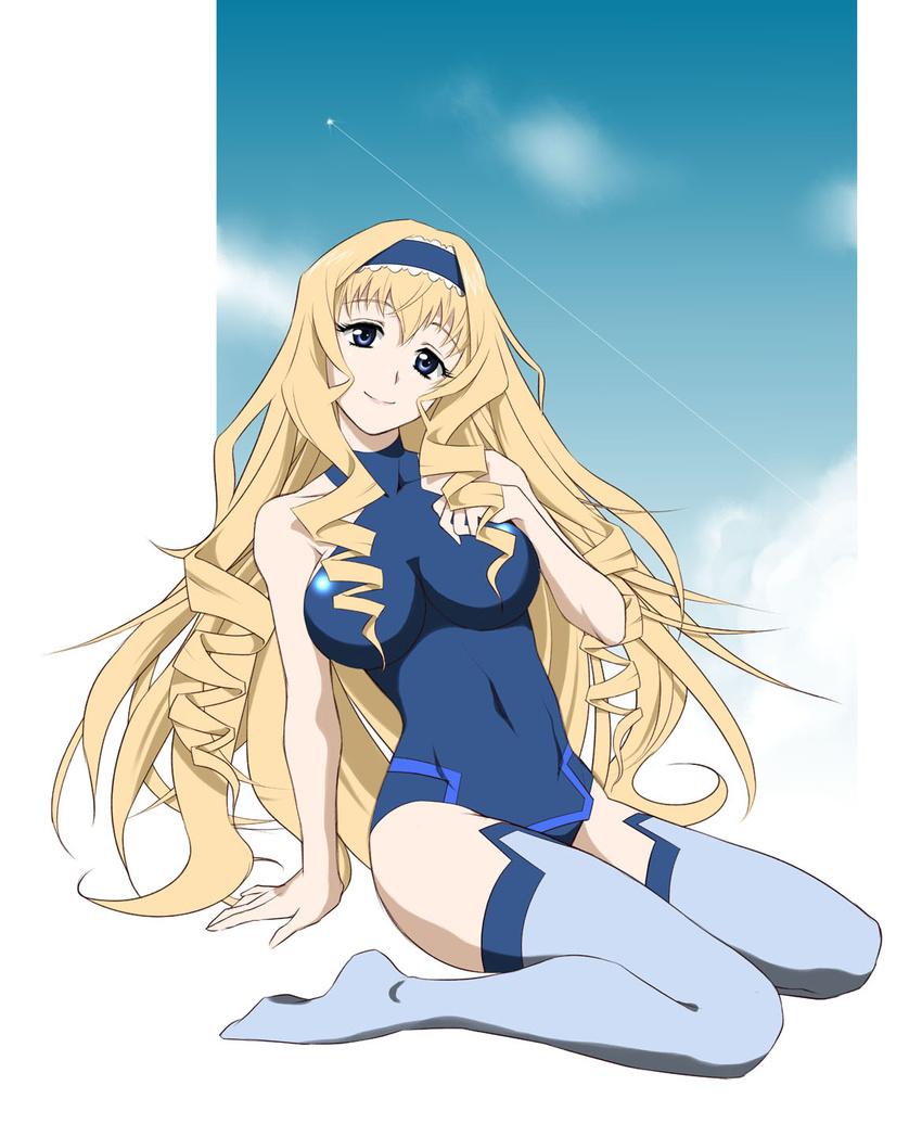 arm_support blonde blue_eyes breasts cecilia_alcott drill_hair hairband infinite_stratos large_breasts long_hair sabachiyo_land sky smile solo thighhighs