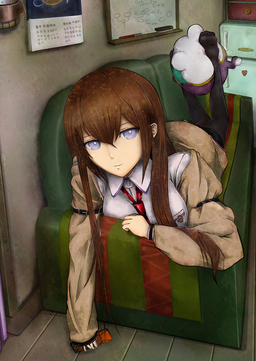 black_legwear blue_eyes brown_hair calendar_(object) cellphone couch feet highres jacket legwear_under_shorts long_hair makise_kurisu meisai necktie pantyhose phone red_neckwear refrigerator shorts solo steins;gate