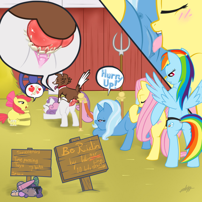 age_play all_fours animal_genitalia anus apple_bloom_(mlp) applebloom_(mlp) bestiality butt canine canine_penis cub cum cum_in_pussy cum_inside cunnilingus cutie_mark dildo dog doggystyle english_text equine female feral fluttershy_(mlp) friendship_is_magic from_behind group group_sex hair horn horse interspecies knot lesbian male mammal multi-colored_hair my_little_pony open_mouth oral oral_sex orgy pdxyz pegasus penetration penis pink_hair pony prostitute prostitution pussy rainbow_dash_(mlp) rainbow_hair sex sex_toy strapon sweetie_belle_(mlp) text tongue tongue_out trixie_(mlp) unicorn vaginal vaginal_penetration wing_boner wings winona_(mlp) young