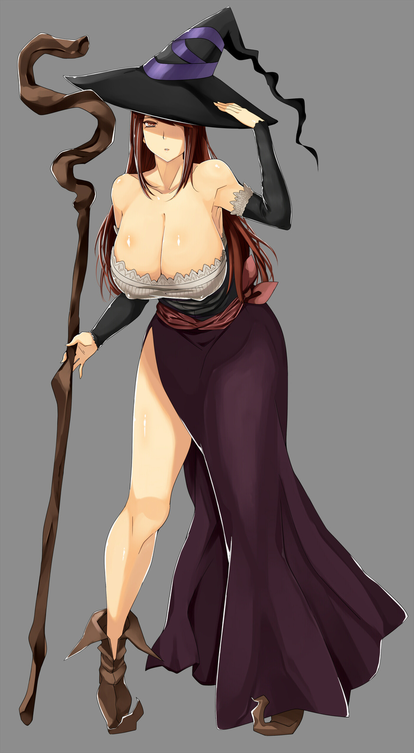 absurdres adjusting_clothes adjusting_hat armpits bare_shoulders breasts brown_eyes brown_hair cleavage covered_nipples detached_sleeves dragon's_crown dress hanging_breasts hat hat_over_one_eye highres huge_breasts leaning_forward long_hair side_slit solo sorceress_(dragon's_crown) staff strapless strapless_dress v_(thinker473) witch_hat