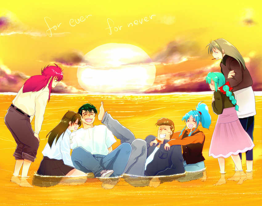 3boys 4girls barefoot black_hair blue_hair botan_(yu_yu_hakusho) botan_(yuu_yuu_hakusho) braid brother_and_sister brown_hair cigarette cloud clouds dress_shirt eyes_closed feet female green_hair grin happy jacket kurama kuwabara_kazuma kuwabara_shizuru long_hair male multiple_boys multiple_girls open_mouth orange_hair orange_shirt pants ponytail red_hair red_ribbon ribbon shirt short short_hair siblings single_braid sitting skirt smile sun sunset urameshi_yusuke water white_shirt yellow_shirt yomi-sama yu_yu_hakusho yukimura_keiko yukina_(yu_yu_hakusho) yuu_yuu_hakusho