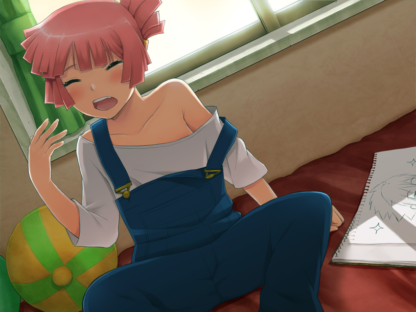 bad_id bad_pixiv_id blush closed_eyes collarbone face hands off_shoulder okazun open_mouth overalls pink_hair sitting sketchpad solo star_driver tsunashi_takuto window yawning you_mizuno