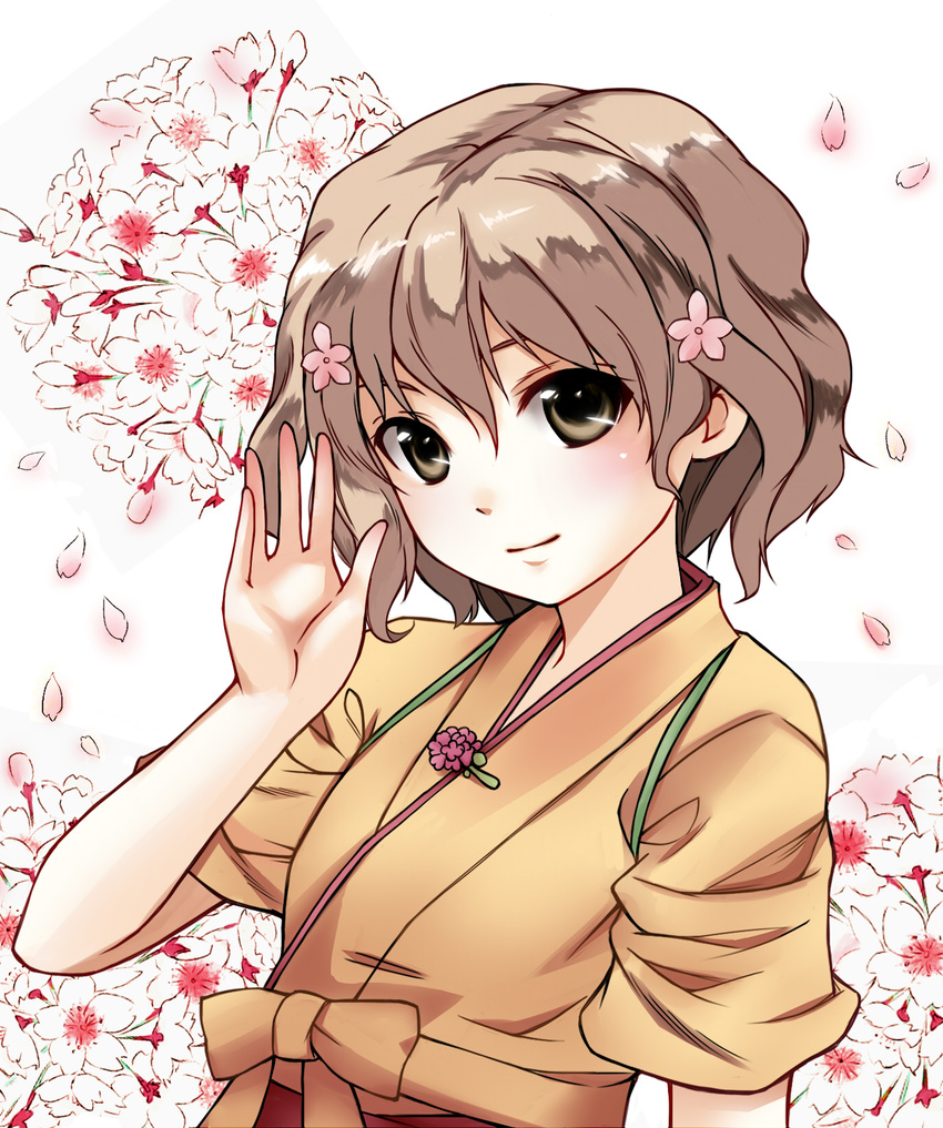 blush brown_eyes brown_hair cherry_blossoms flower hair_flower hair_ornament hanasaku_iroha highres japanese_clothes kissuisou_uniform matsumae_ohana nakai_(waitress) short_hair smile solo taka-kun