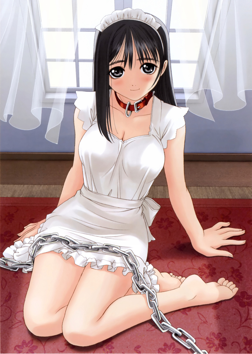 1girl absurdres bare_shoulders barefoot black_eyes black_hair blush breasts chains collar error feet female genmukan grey_eyes hadaka_apron highres legs long_hair long_legs maid off_shoulder open_\m/ panties sitting solo tanaka_takayuki thighhighs tony underwear watase_nozomi white_legwear white_panties yokozuwari