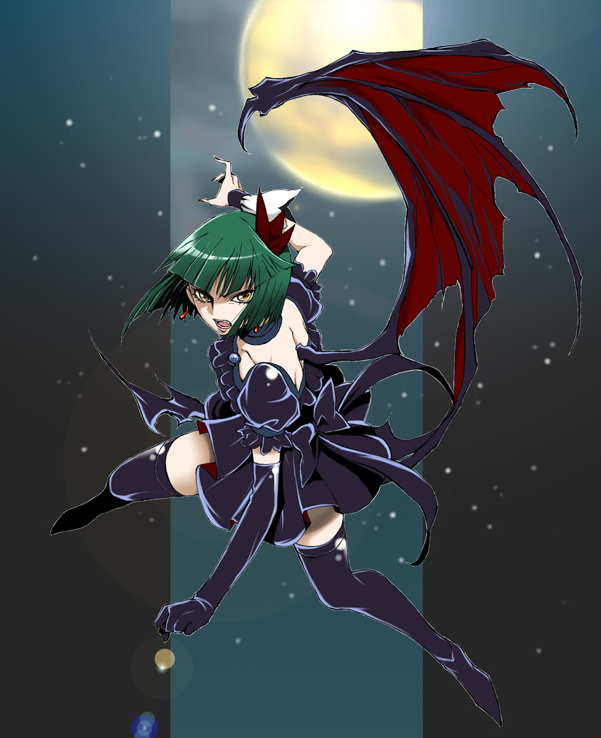 back_bow black_dress black_legwear bob_cut bow choker dark_precure dress earrings elbow_gloves gloves green_hair hair_ornament heartcatch_precure! highres jewelry moon precure sabachiyo_land short_hair single_elbow_glove single_glove single_wing solo thighhighs wings yellow_eyes