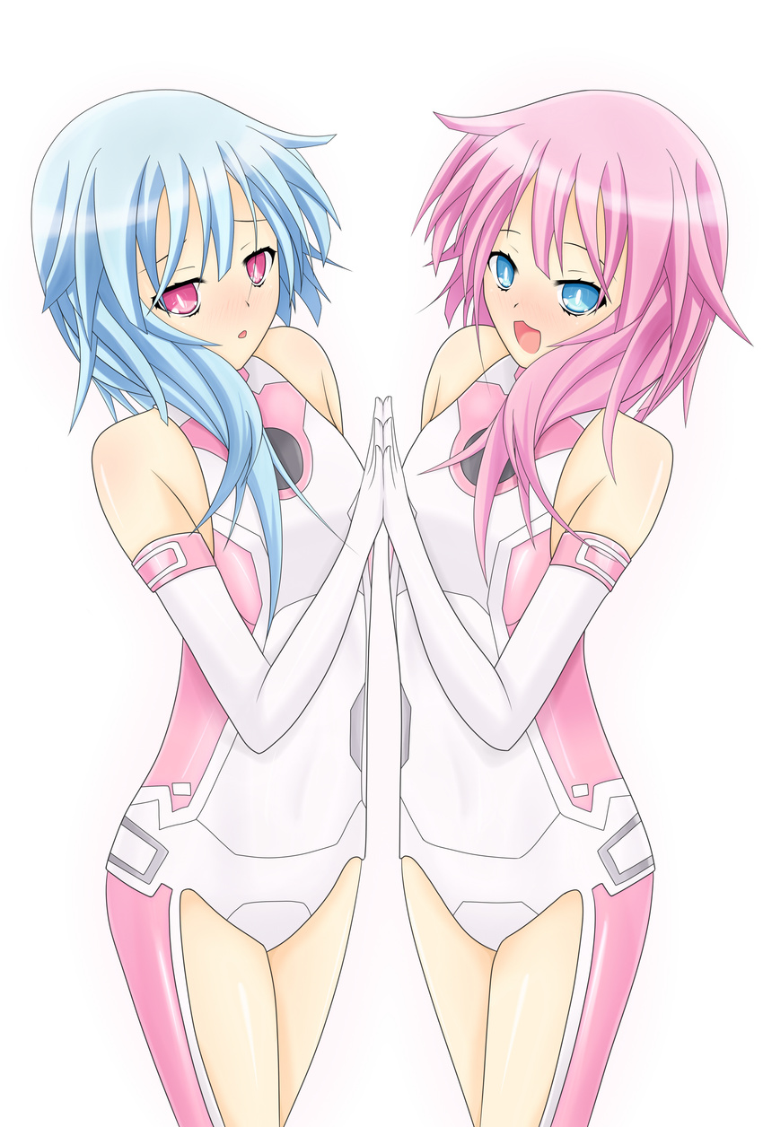 2girls absurdres blue_eyes blue_hair blush body_blush bodysuit choujigen_game_neptune choujigen_game_neptune_mk2 compile_heart female gust highres idea_factory long_hair mas2000 multiple_girls neptune_(series) nippon_ichi open_mouth pink_eyes pink_hair ram_(choujigen_game_neptune) ram_(neptune) rom_(choujigen_game_neptune) rom_(neptune) siblings sisters solo symbol-shaped_pupils twins white_sister_ram white_sister_rom