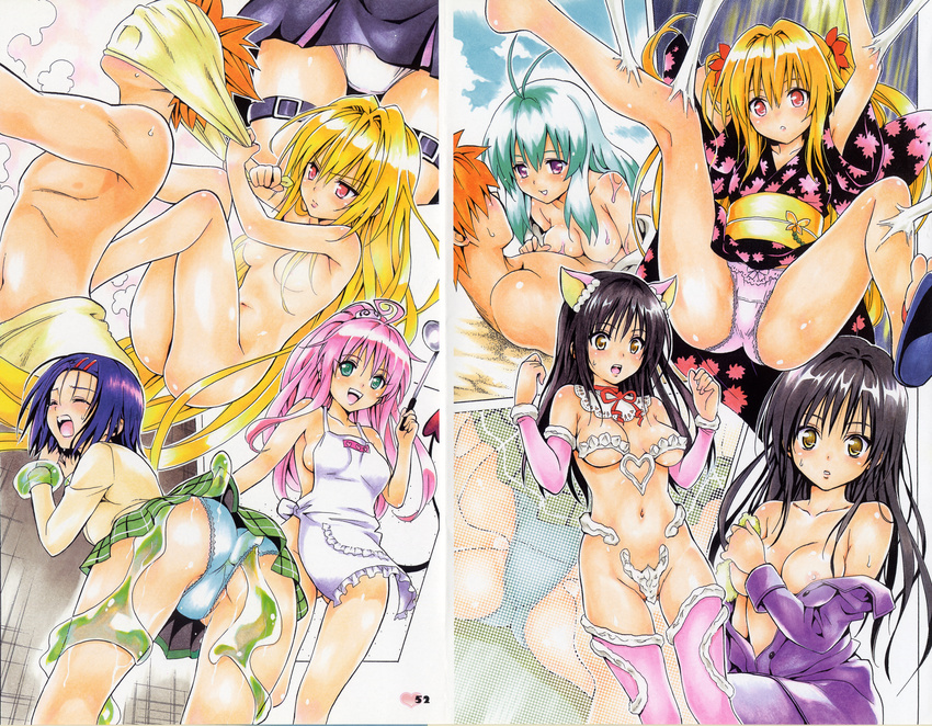 6+girls :d absurdres ahoge animal_ears antenna_hair apron aqua_hair ass black_hair black_skirt blonde_hair blue_hair blue_panties breasts cameltoe cat_ears choker closed_eyes collarbone demon_tail detached_sleeves girl_on_top green_eyes green_skirt hair_ornament hair_ribbon heart high_ponytail highres holding huge_filesize japanese_clothes kimono konjiki_no_yami kotegawa_yui lala_satalin_deviluke long_hair looking_at_viewer medium_breasts miniskirt multiple_girls naked_apron neck_ribbon nipples nude official_art one_eye_closed open_mouth open_pajamas orange_hair page_number panties parted_lips pink_hair pink_legwear pink_panties pleated_skirt purple_eyes purple_pajamas red_eyes red_ribbon ribbon run_elsie_jewelria sairenji_haruna sash school_uniform shiny shiny_skin sideboob skirt slime smile spiked_hair sweater tail thigh_strap thighhighs to_love-ru twintails underwear wet white_apron yabuki_kentarou yellow_eyes yellow_sweater yukata yuuki_rito