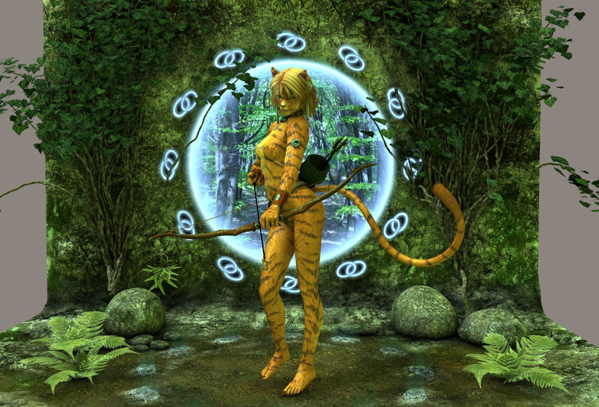 annonymouse armlet arrow blonde_hair bow bow_(weapon) feline female fern glowing hair looking_at_viewer magic_circle mammal necklace nude outside plants portal quiver ranged_weapon ring rocks solo standing surrealism tiger vine weapon