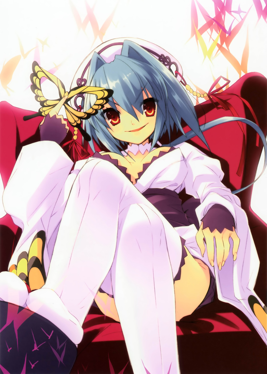 absurdres blue_hair breasts breasts_apart butterfly_mask chair chouun crossed_legs geta hat highres itou_noiji koihime_musou medium_breasts red_eyes sitting thighhighs white_legwear