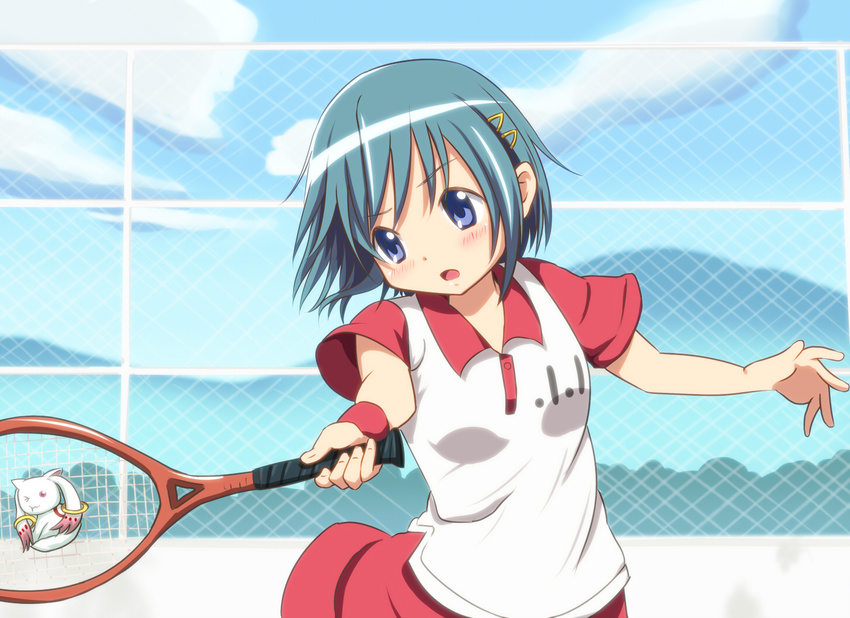 blue_eyes blue_hair diesel-turbo kitamura_eri kyubey mahou_shoujo_madoka_magica miki_sayaka racket sawanatsu_kotone seiyuu_connection short_hair skirt softenni sportswear tennis tennis_racket tennis_uniform