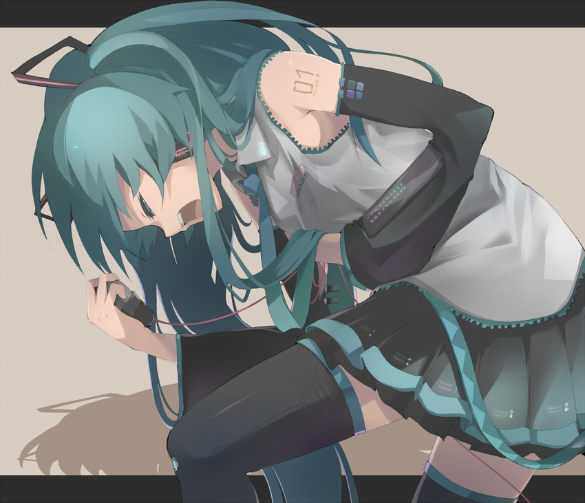 aqua_hair bad_id bad_pixiv_id closed_eyes detached_sleeves hatsune_miku long_hair microphone necktie ogipote open_mouth skirt solo thighhighs very_long_hair vocaloid