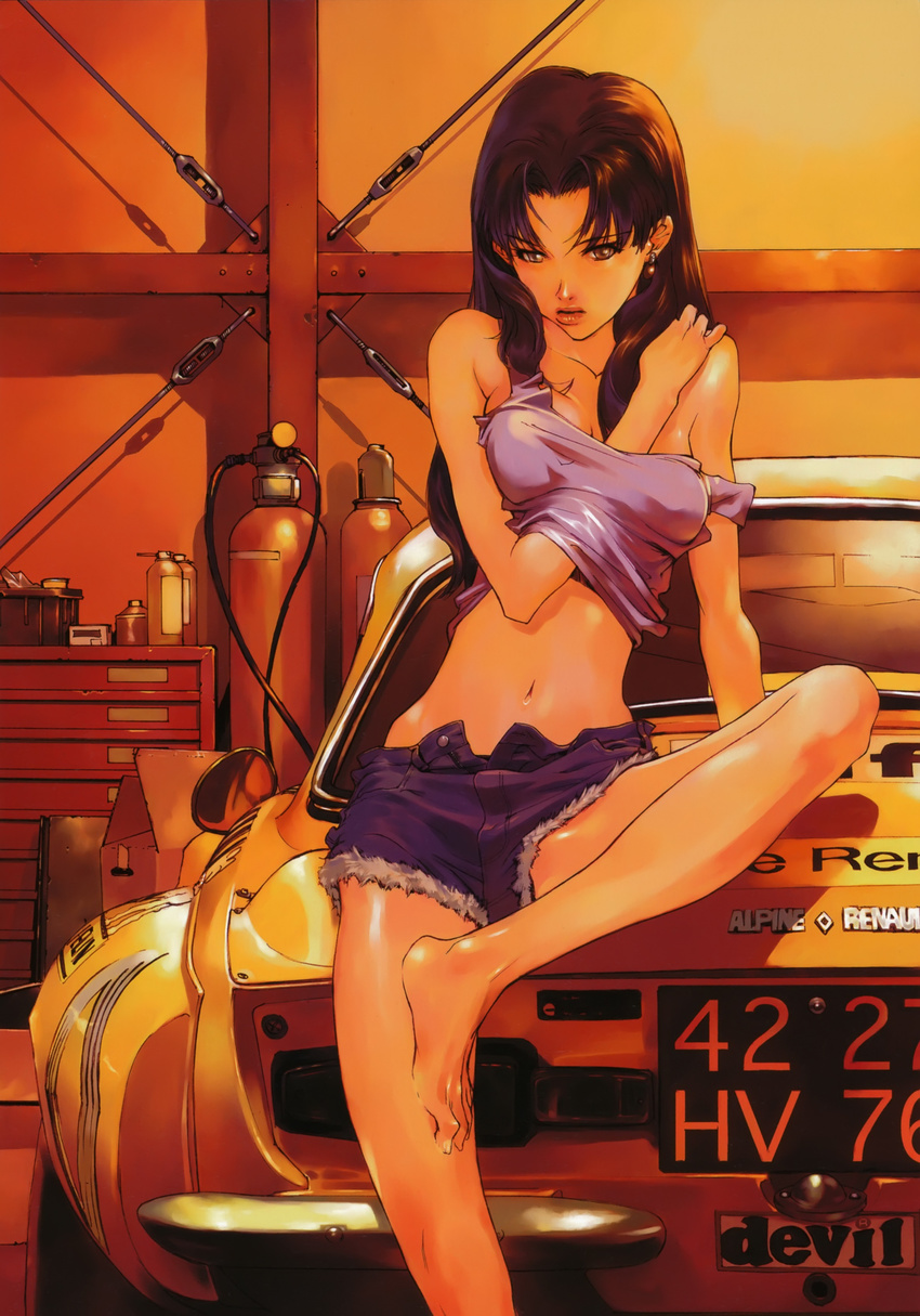 absurdres barefoot breasts car cutoffs denim denim_shorts earrings feet ground_vehicle highres jewelry katsuragi_misato long_legs medium_breasts midriff motor_vehicle navel neon_genesis_evangelion okazaki_takeshi open_fly purple_eyes purple_hair renault_alpine_a310 short_shorts shorts solo strap_slip unzipped