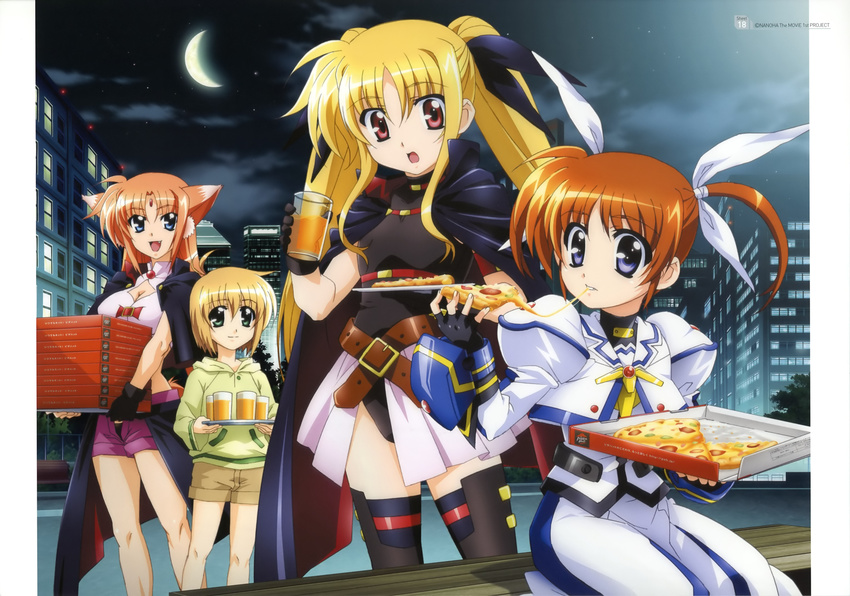 3girls absurdres arf blonde_hair blue_eyes breasts brown_hair cape cleavage cleavage_cutout crescent_moon eating fang fate_testarossa fingerless_gloves food glass gloves hair_ribbon highres holding_pizza long_hair lyrical_nanoha mahou_shoujo_lyrical_nanoha mahou_shoujo_lyrical_nanoha_the_movie_1st medium_breasts moon multiple_girls official_art okuda_yasuhiro open_mouth pizza pizza_hut product_placement purple_eyes red_eyes red_hair ribbon short_hair short_twintails skirt smile takamachi_nanoha thighhighs twintails wallpaper yuuno_scrya