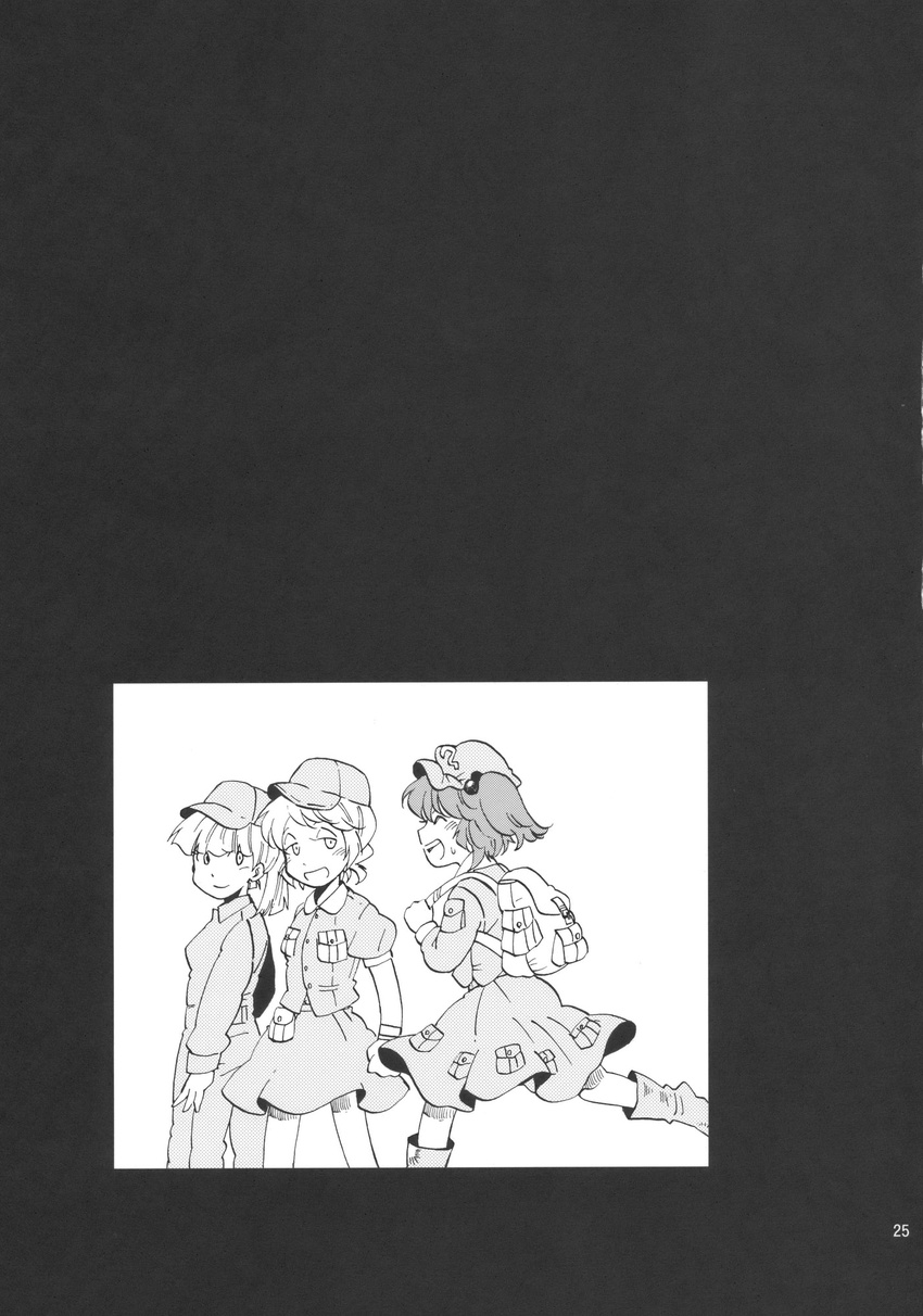 bag boots charin comic greyscale hair_bobbles hair_ornament hat highres kawashiro_nitori monochrome multiple_girls smile touhou two_side_up