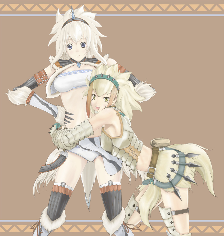 2girls armor barioth barioth_(armor) blue_eyes capcom highres hug kirin kirin_(armor) midriff monster_hunter monster_hunter_3 monster_hunter_portable_3rd multiple_girls smile white_hair