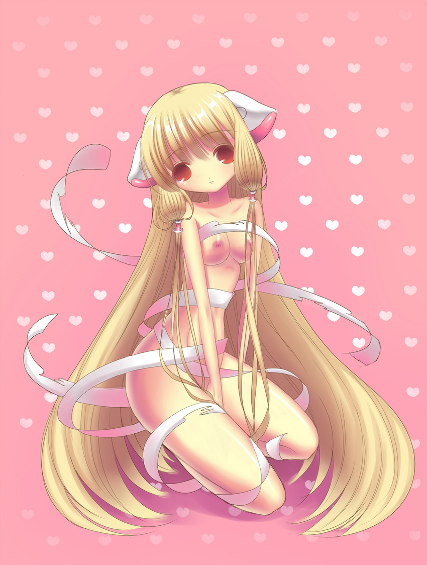 android artist_request blonde_hair breasts brown_eyes chii chobits elda highres long_hair naked naked_ribbon nipples nude persocom ribbon robot_ears