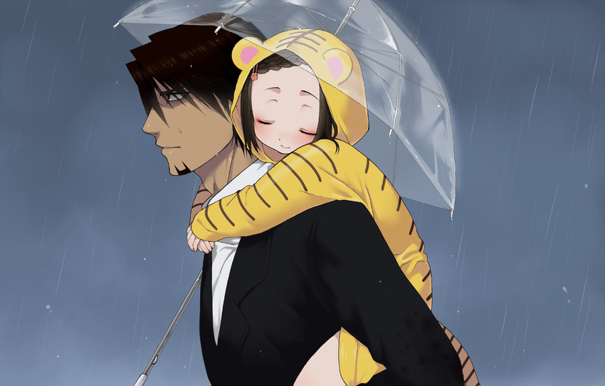 1girl animal_ears brown_eyes brown_hair carrying facial_hair father_and_daughter holding holding_umbrella kaburagi_kaede kaburagi_t_kotetsu momo_uzura piggyback raincoat shared_umbrella sleeping stubble tiger_&amp;_bunny tiger_stripes umbrella