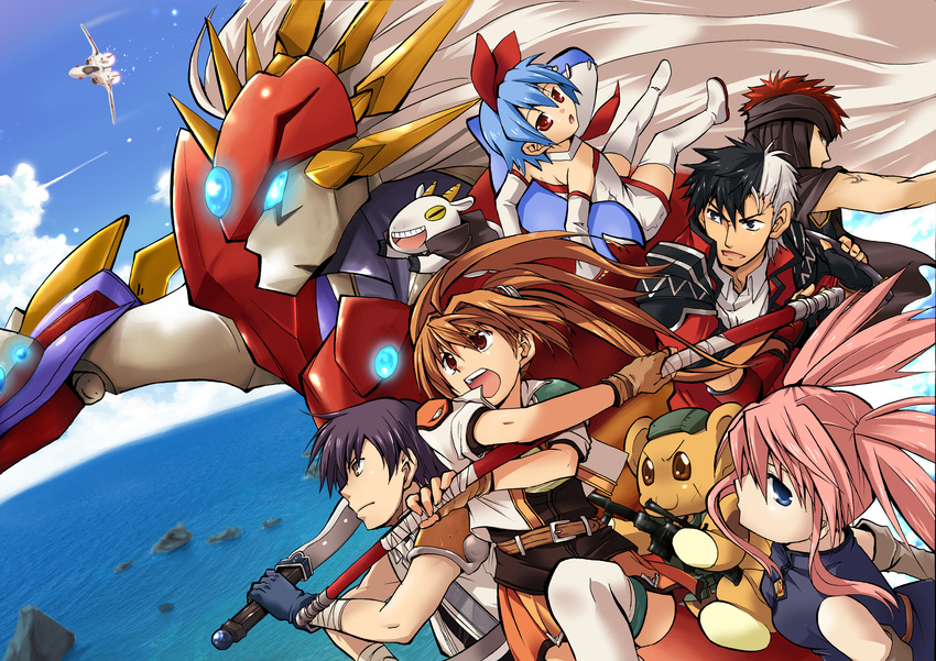 3girls :o absurdres arisu_reiji bittsu_(v1tz) black_gloves black_hair blue_eyes blue_hair bonta-kun brown_eyes brown_hair choker coat cow crossover cuticle_tantei_inaba day disgaea don_valentino eiyuu_densetsu estelle_bright everyone fingerless_gloves fire_emblem fire_emblem:_rekka_no_ken full_metal_panic! gloves highres ialdabaoth jaffar_(fire_emblem) joshua_astray long_hair macross macross_plus mahou_sensei_negima! mecha multicolored_hair multiple_boys multiple_crossover multiple_girls namco_x_capcom open_mouth orange_skirt original pink_hair pleinair polearm presea_combatir red_eyes red_hair same-san short_hair sidelocks sitting skirt sky sora_no_kiseki staff stuffed_animal stuffed_shark stuffed_toy super_robot_wars super_robot_wars_compact_3 super_robot_wars_og_saga_mugen_no_frontier tales_of_(series) tales_of_symphonia thighhighs twintails two-tone_hair very_short_hair weapon white_hair white_legwear yf-19