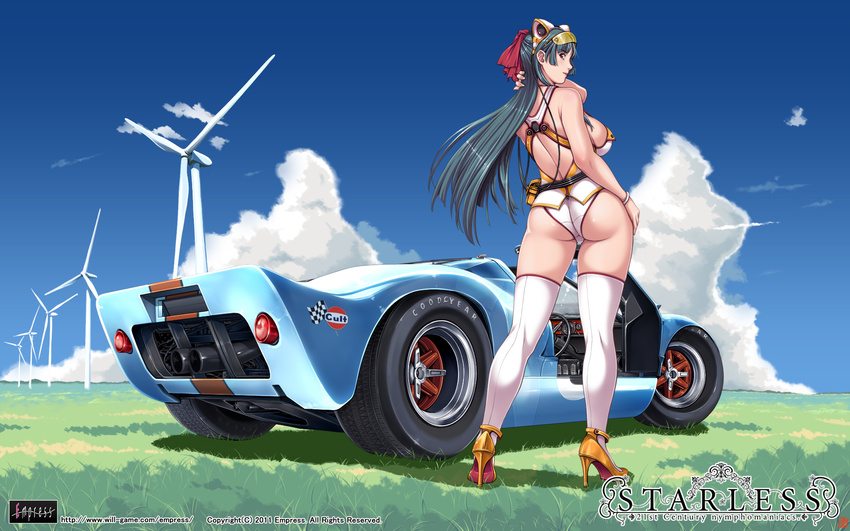 animal_ears ass back breasts car cloud curvy day fake_animal_ears ford_gt40 from_behind green_hair ground_vehicle high_heels highres large_breasts long_hair mamiya_marika motor_vehicle outdoors sei_shoujo shoes sideboob sky solo starless thighhighs wallpaper widescreen wind_turbine windmill