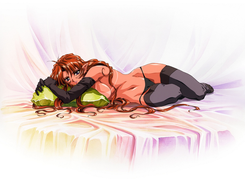 90s antenna_hair artist_request bed bed_sheet black_legwear black_panties breasts brown_eyes character_request elbow_gloves elf gloves groin highres kono_yo_no_hate_de_koi_wo_utau_shoujo_yu-no large_breasts long_hair lowleg lowleg_panties lying official_art on_side panties pillow pointy_ears red_hair solo tan tanline thighhighs topless underwear