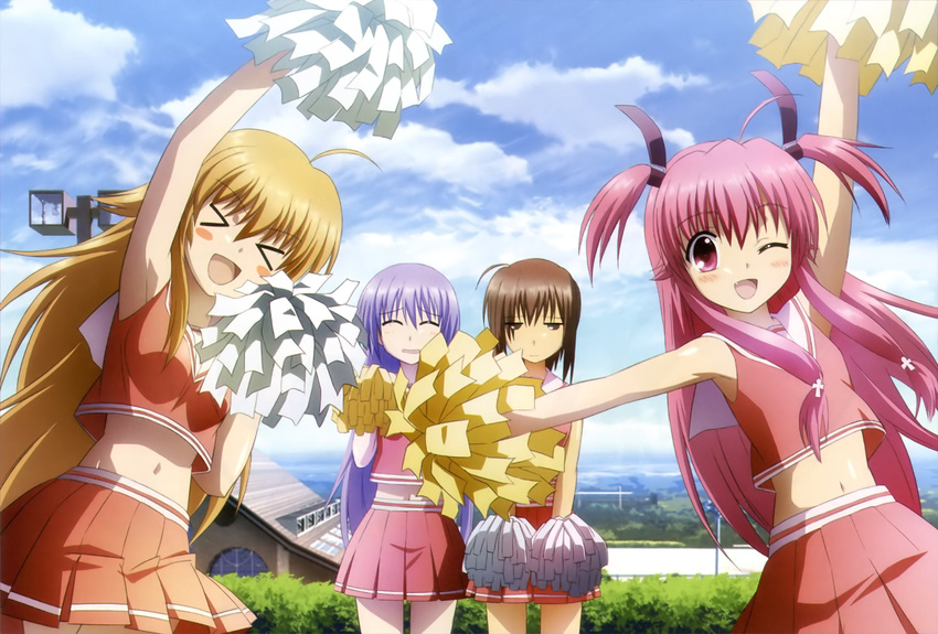 &gt;_&lt; ahoge angel_beats! arm_up armpits blush blush_stickers brown_eyes brown_hair cheerleader closed_eyes cloud cross day detexted fang hashimoto_hiroyuki highres hisako_(angel_beats!) irie_(angel_beats!) long_hair multiple_girls non-web_source one_eye_closed open_mouth outdoors pink_eyes pink_hair pom_poms sekine sky third-party_edit two_side_up very_long_hair yui_(angel_beats!)