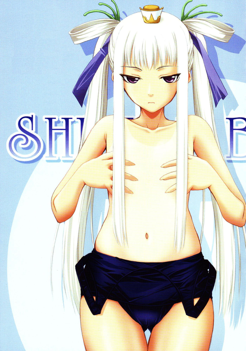 bangs covering covering_breasts crown fingernails flat_chest frown hair_ribbon highres houmei long_fingernails long_hair looking_at_viewer navel non-web_source one-piece_swimsuit purple_eyes ribbon scan scan_artifacts school_swimsuit shadow shining_(series) shining_wind solo standing swimsuit swimsuit_pull tan tanline thigh_gap topless twintails very_long_hair white_hair yoshimura_kentaro