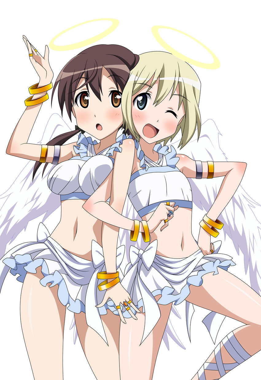 :o ;d absurdres angel_wings ankle_lace-up armlet blonde_hair blue_eyes blush bow bracelet breasts brown_eyes brown_hair cosplay costume crop_top cross-laced_footwear erica_hartmann feathers flat_chest frills gertrud_barkhorn hair_ribbon halo halterneck hand_on_hip highres image_sample jewelry mc_axis medium_breasts midriff miniskirt multiple_girls navel one_eye_closed onoda_masahito open_mouth ribbon ring short_hair simple_background skirt smile strike_witches twintails vector_trace wings world_witches_series yandere_sample