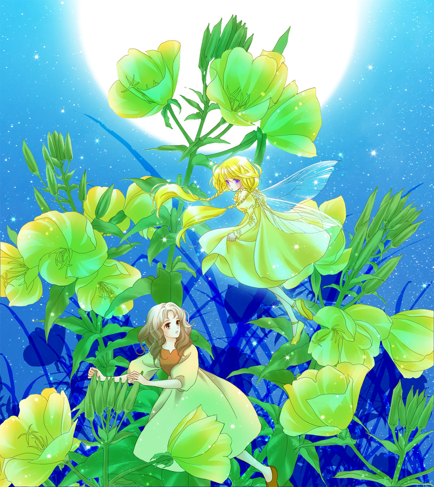 arrietty bad_id bad_pixiv_id blonde_hair braid brown_hair dress fairy fairy_wings flower full_moon highres karigurashi_no_arrietty mamiya_(cool-ribon) minigirl moon multiple_girls night purple_eyes sky star_(sky) starry_sky wings