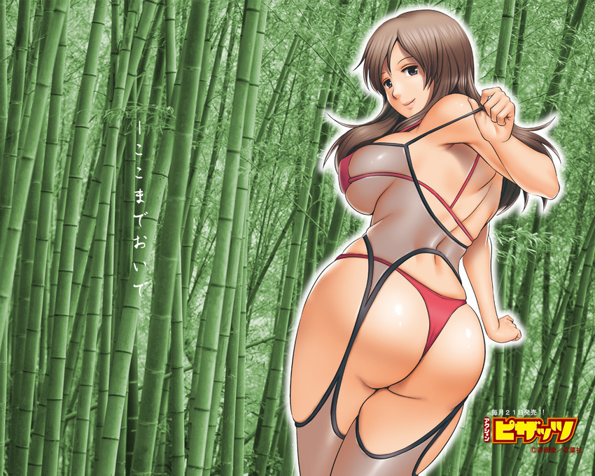 action_pizazz ass bamboo bamboo_forest bra breasts brown_hair curvy forest large_breasts lingerie long_hair mature nature panties photo_background saigadou see-through sideboob solo thong underwear wallpaper