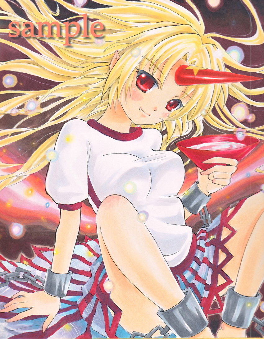 absurdres alcohol at_classics bad_id bad_pixiv_id blonde_hair cuffs cup fang highres horn hoshiguma_yuugi long_hair marker_(medium) nib_pen_(medium) pointy_ears red_eyes sakazuki sake sample sitting solo touhou traditional_media