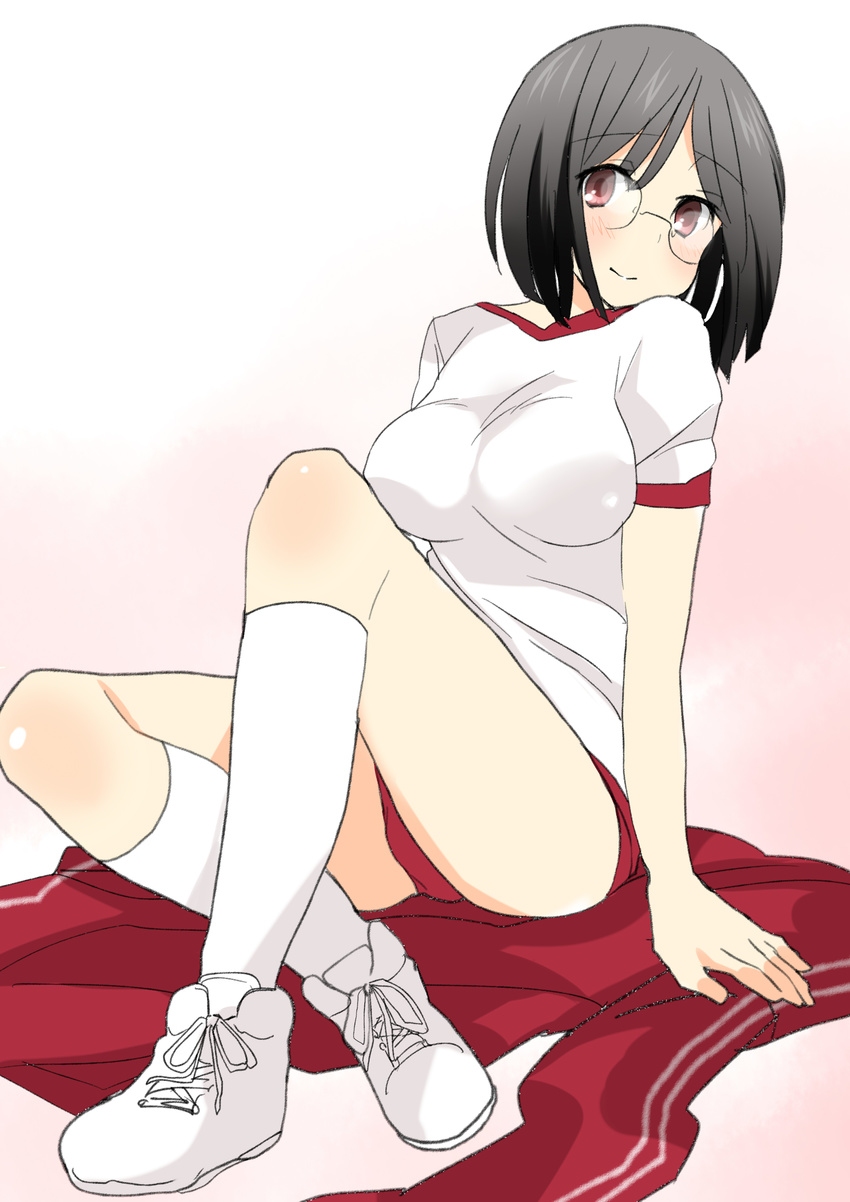 absurdres bad_id bad_pixiv_id black_hair bob_cut breasts buruma chiha durarara!! glasses gym_uniform highres large_breasts red_eyes short_hair solo sonohara_anri