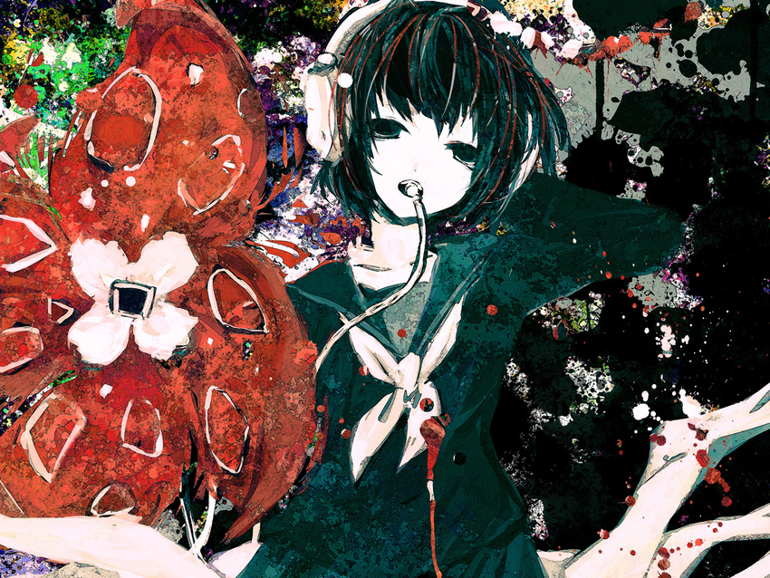 bad_id bad_pixiv_id flower headphones highres meola nene_nene plant school_uniform serafuku short_hair solo utau