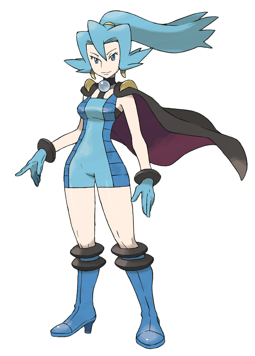 absurdres blue_bodysuit blue_eyes blue_hair bodysuit boots cape full_body gloves high_heels highres ibuki_(pokemon) official_art pokemon pokemon_(game) pokemon_hgss ponytail shoes solo standing sugimori_ken transparent_background