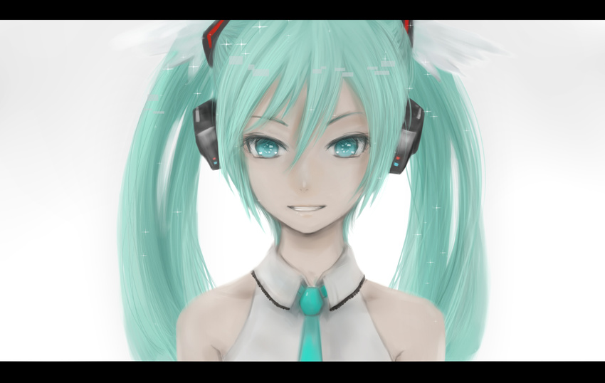 adapted_costume aqua_eyes aqua_hair aqua_neckwear bangs bare_shoulders blue_eyes blue_hair collared_shirt derivative_work grin hair_between_eyes hair_ornament hatsune_miku head_wings headphones highres last_night_good_night_(vocaloid) letterboxed long_hair looking_at_viewer moekyon necktie portrait shirt simple_background sleeveless smile solo sparkle twintails vocaloid white_background