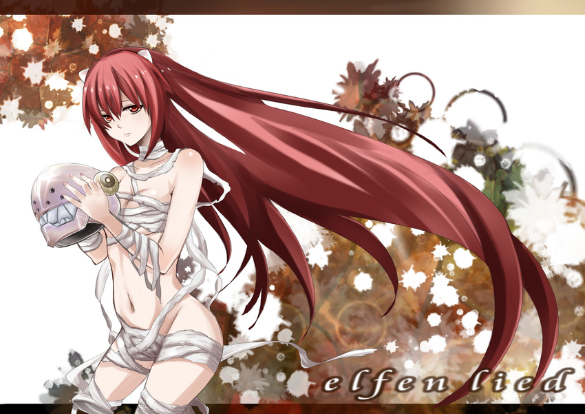 bandages bebemoko copyright_name elfen_lied flower helmet highres horns long_hair lucy red_eyes red_hair solo very_long_hair